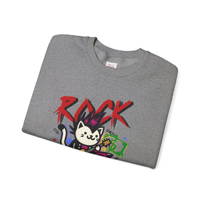 Rock Cat Unisex Heavy Blend Premium Crewneck Sweatshirt | Fun Graphic for Music Lovers