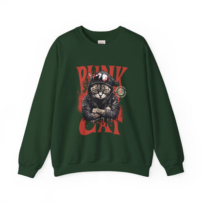 Punk Cat Crewneck Sweatshirt - Edgy Cat Graphic Sweatshirt for Cat Lovers