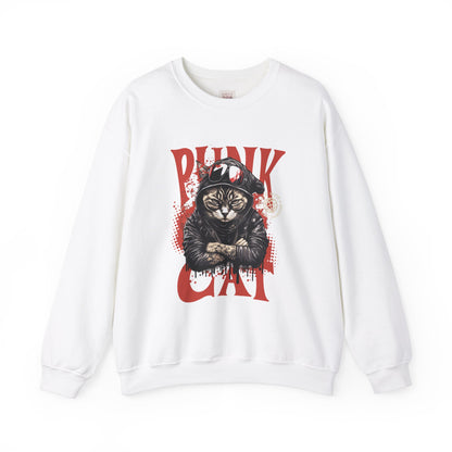 Punk Cat Crewneck Sweatshirt - Edgy Cat Graphic Sweatshirt for Cat Lovers