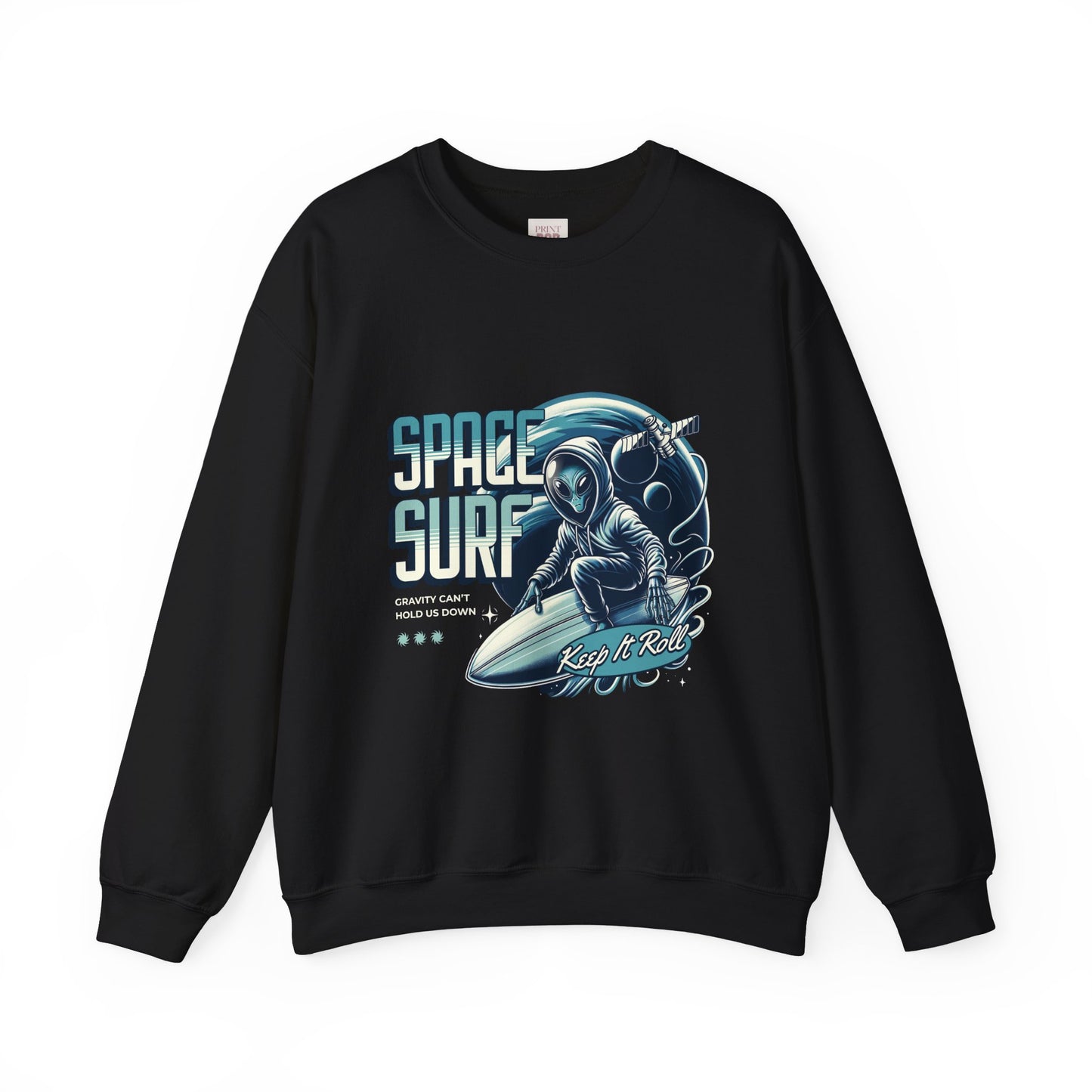 Unisex Heavy Blend Crewneck Sweatshirt - Space Surf 'Keep It Roll' Design