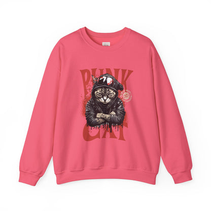 Punk Cat Crewneck Sweatshirt - Edgy Cat Graphic Sweatshirt for Cat Lovers