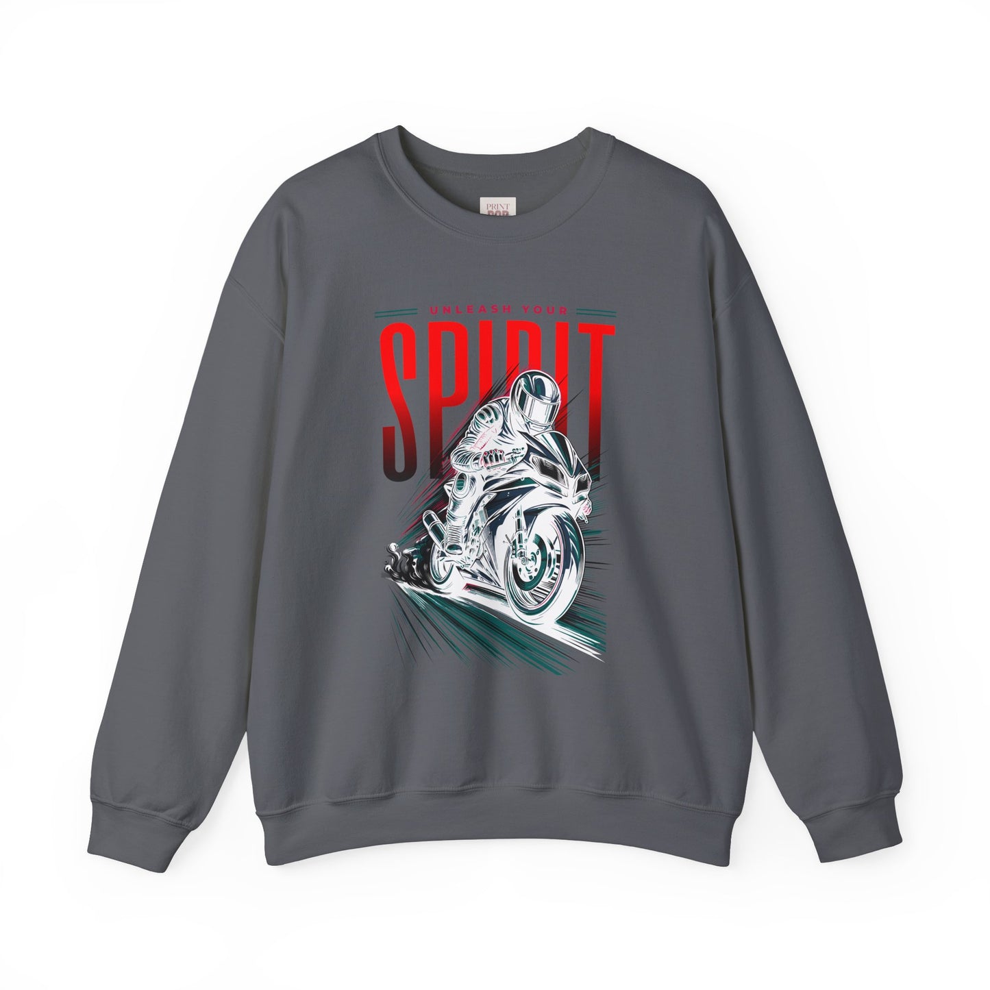 Unleash Your Spirit Graphic Crewneck Sweatshirt for Motorbike Enthusiasts