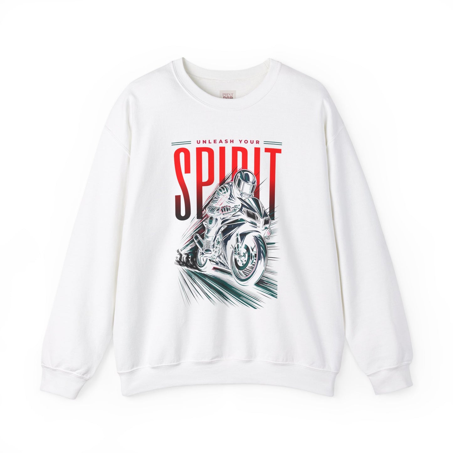 Unleash Your Spirit Graphic Crewneck Sweatshirt for Motorbike Enthusiasts